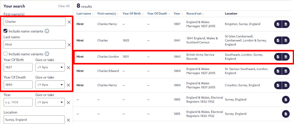 Findmypast search results for Charles Hirst