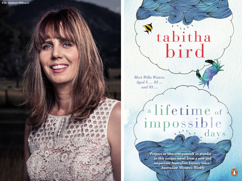 A collage showing a headshot of Tabitha Bird in a white lace dress, and a book cover of A Lifetime of Impossible Days