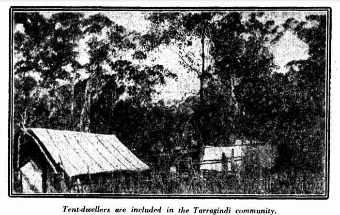 Black and white photo of tents at Tarragindi, from Daily Mail, 27 July 1924, p 24