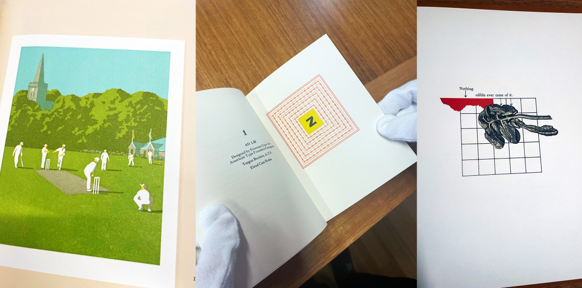 a collage of three different pages from different artists books. The first is a illustration of some people playing cricket in a park, the 2nd is type based artwork around the letter z and the last is a illustration with the words "Nothing edible ever came of it".
