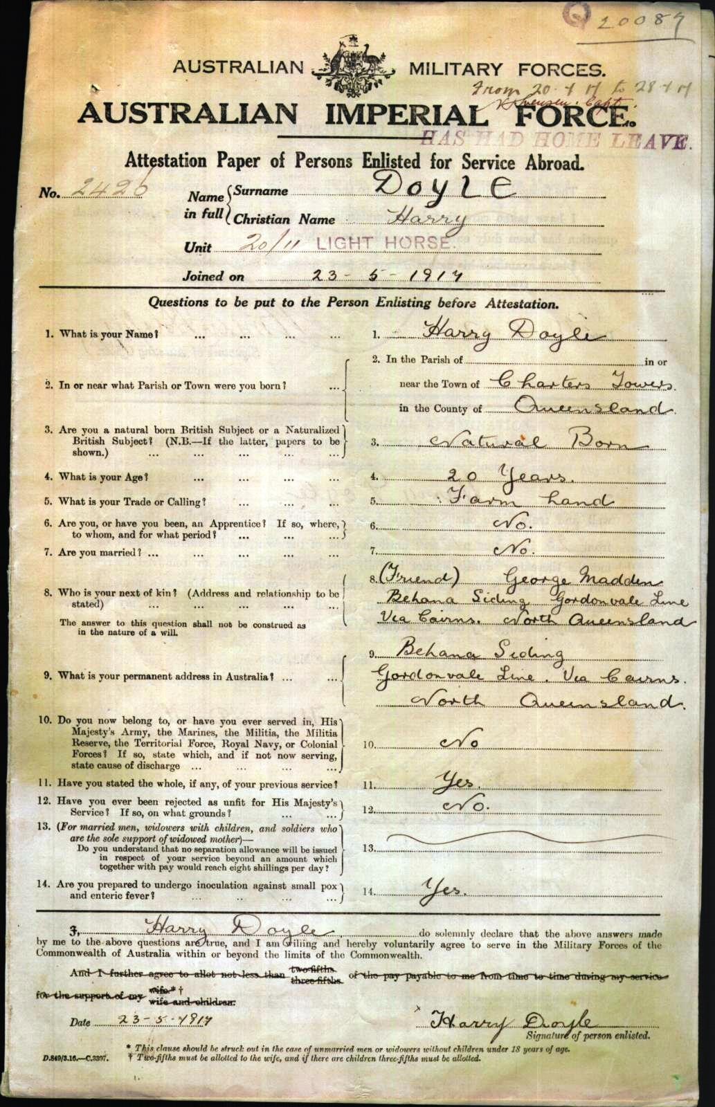Service record, Harry Doyle