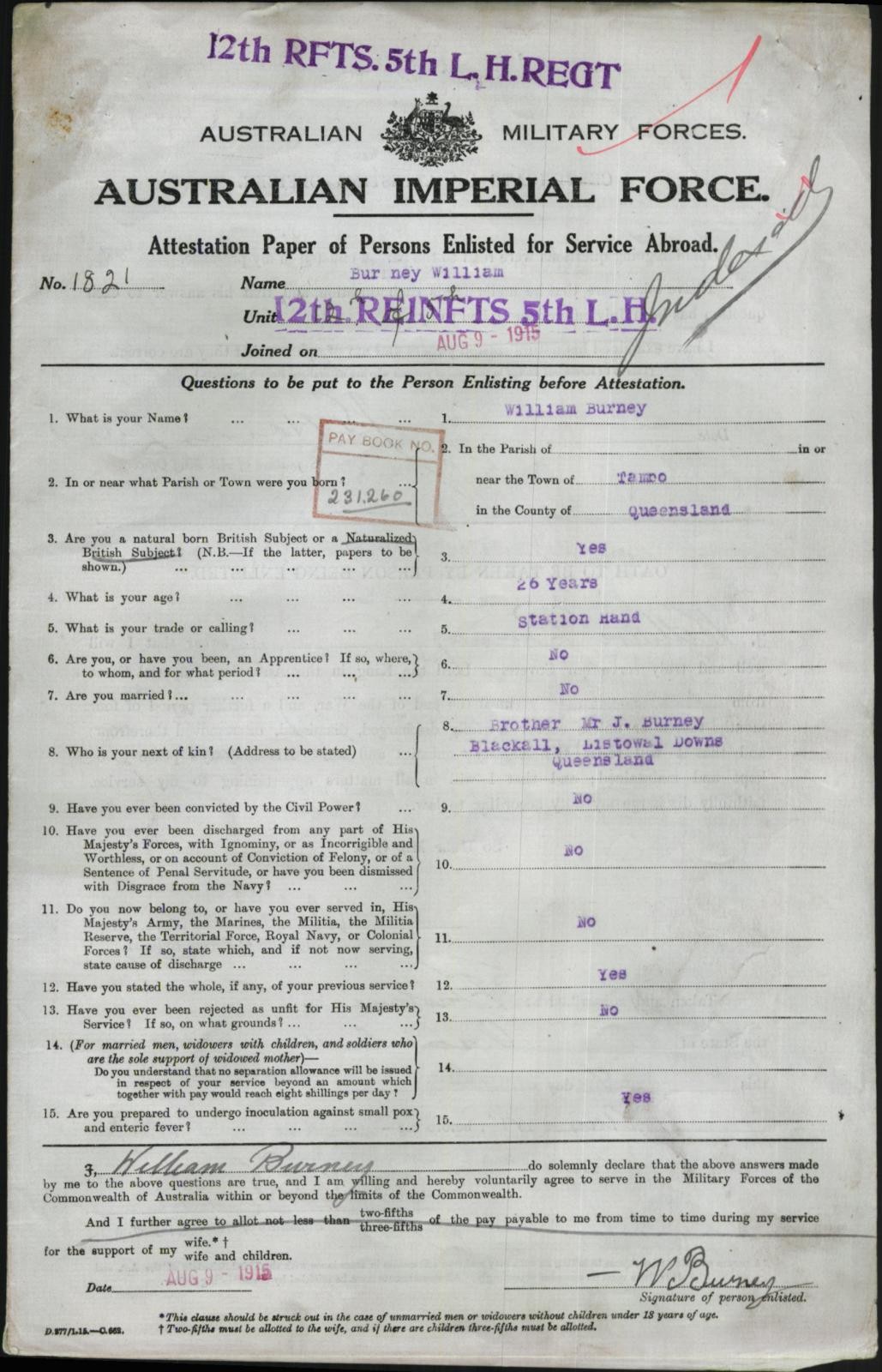 Attestation paper for William Burney