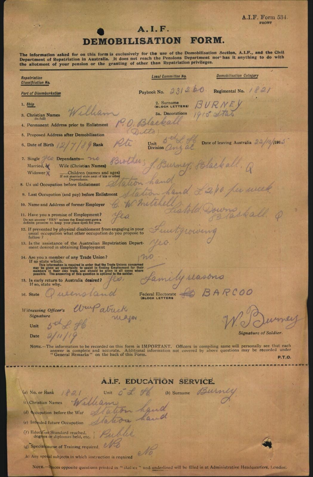 Demobilisation form