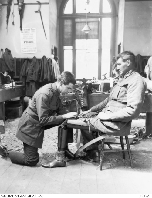 Fitting an artificial limb in the limb fitting department at No. 2 Australian Auxiliary Hospital. Southall, England. 22 May 1919