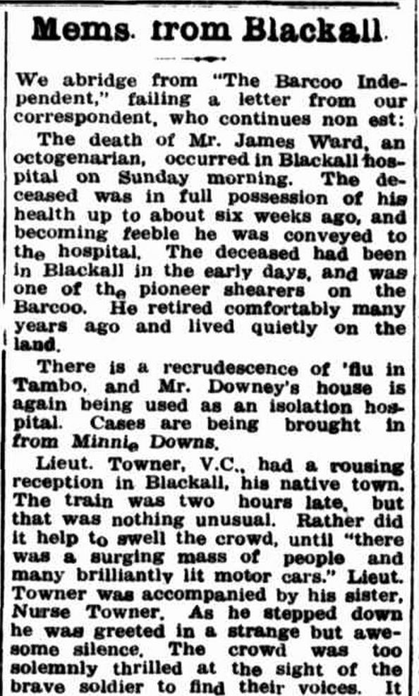 Description of Lt Towner VC and Nurse Towner in Blackall 1919 