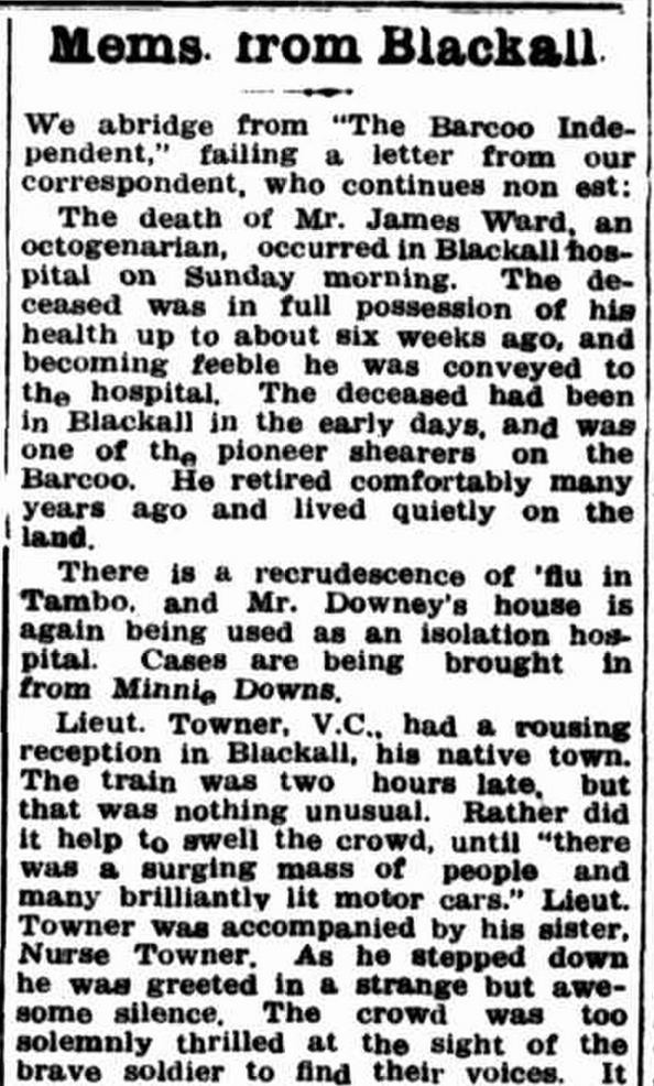 Description of Lt Towner VC and Nurse Towner in Blackall, 1919.