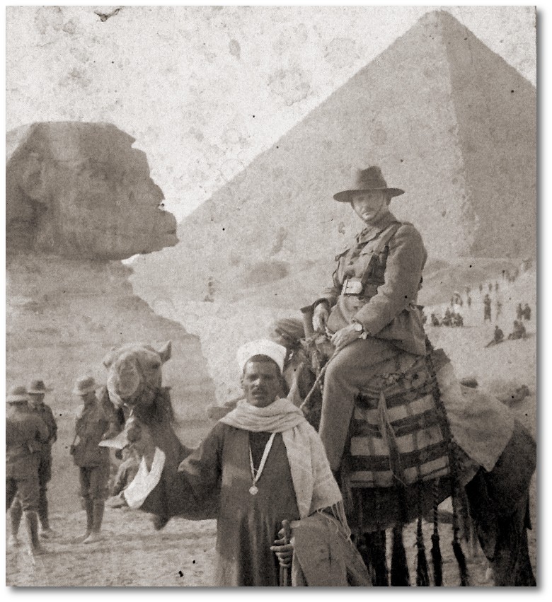 Frank Armstrong on a camel tour near the Great Pyramid, Egypt, 1915