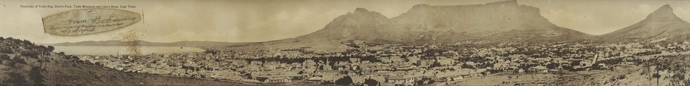 Panorama of Tabletop Mountain Cape Town ca1916 with silver leaf inscription attached to top left of photo
