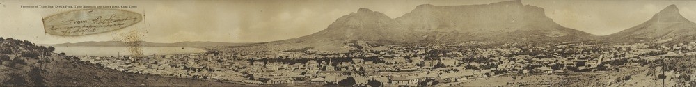 Panorama of Tabletop Mountain, Cape Town, ca.1916, with silver leaf inscription attached to top left of photo