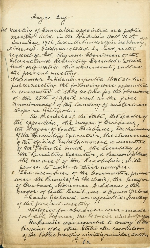 Minutes of the first meeting of the Anzac Day Commemoration Committee, 3 February 1916