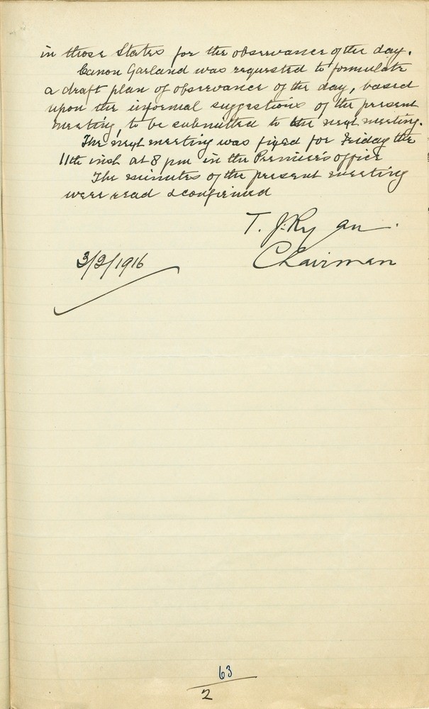 Minutes of the first meeting, signed by Premier T.J.Ryan as Chair of the Committee.