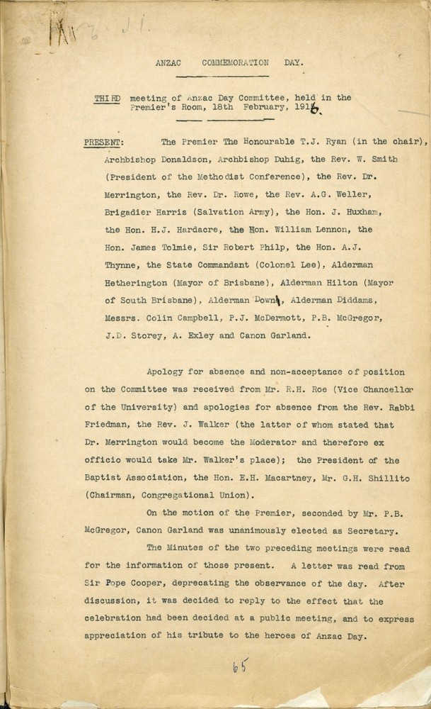 Minutes of the third meeting of the ADCC, 18 February 1916, in which the committee members are listed.