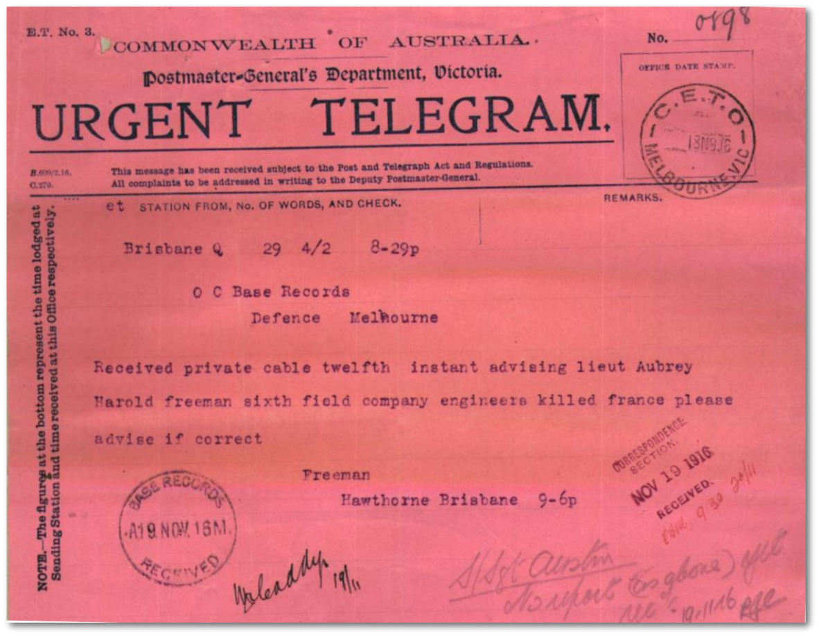 Telegram to Base Records 1916