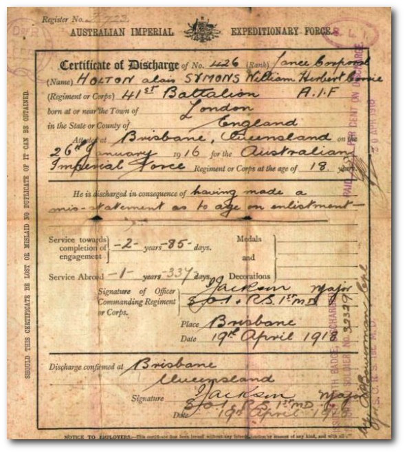 Discharge certificate William Symons