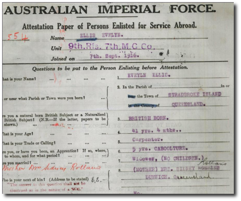 Service record Evelyn Ellis
