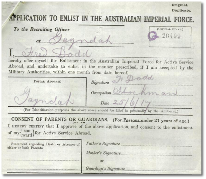 Service record, Frederick Dodd