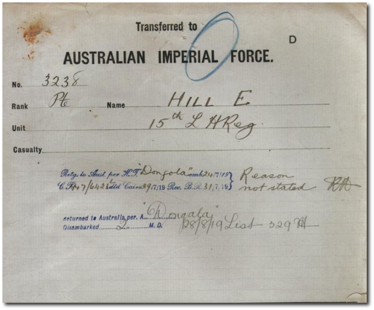 Extract from AIF service record for Edward Hill