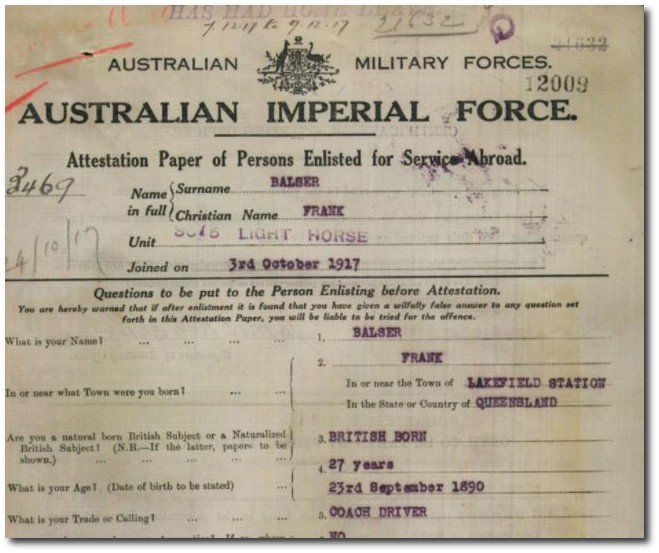 Service record, Frank Balser