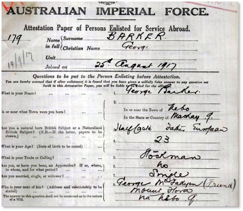 Service record for George Barker 179 Depot Battalion