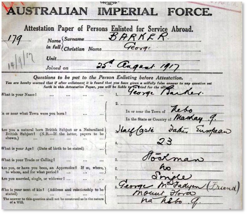 Service record for George Barker #179, Depot Battalion