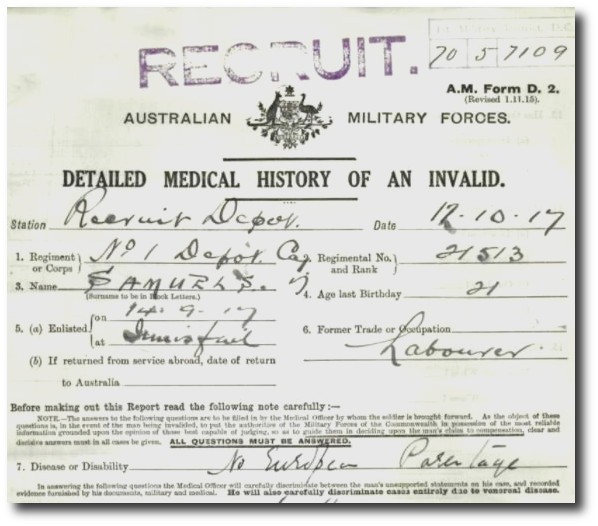 Extract from AIF service record for Thomas Samuels