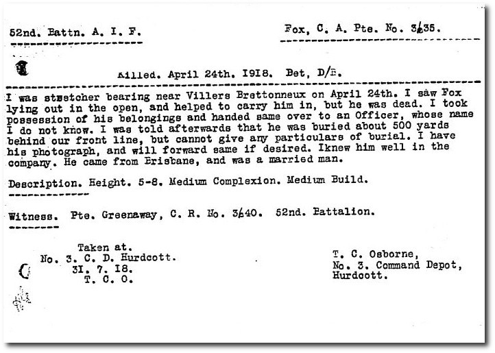 Extract from Australian Red Cross Society Wounded and Missing Enquiry Bureau files
