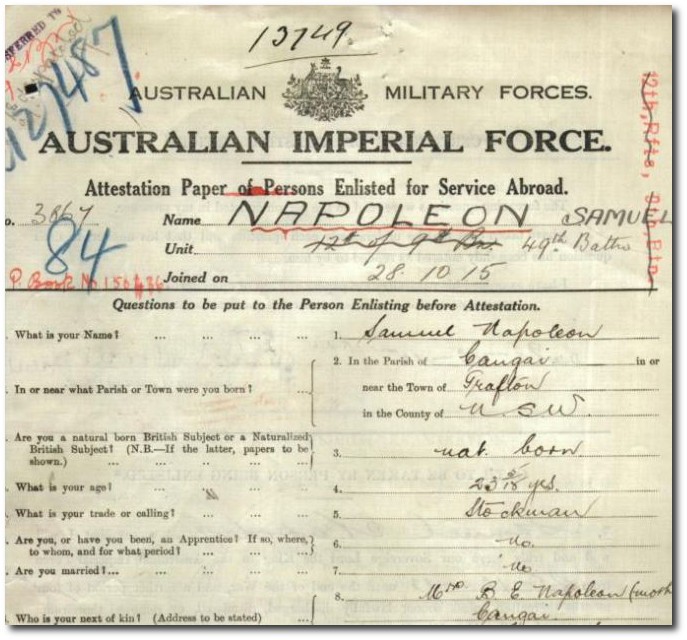 Service record Samuel Napoleon