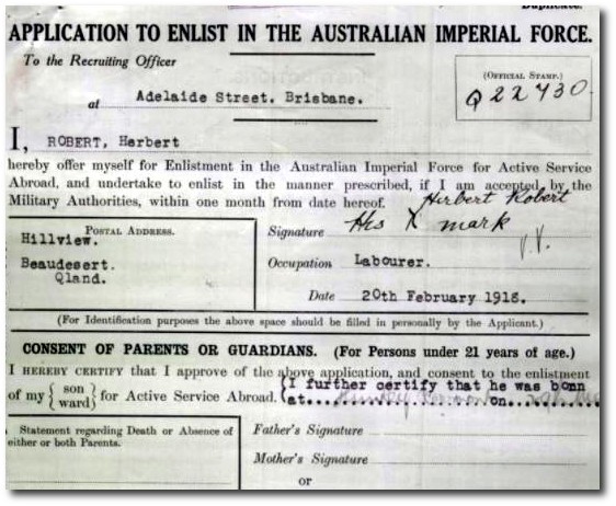 Extract from AIF service record for Herbert Roberts