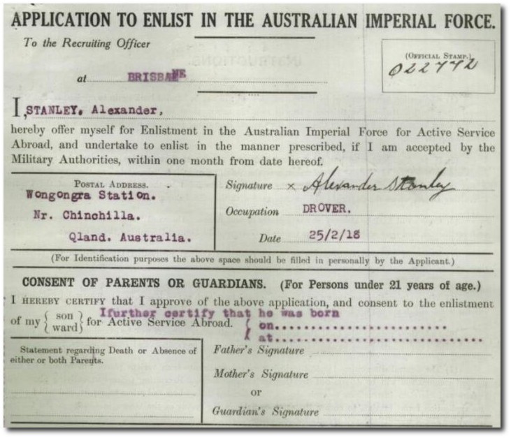 Extract from AIF service record for Alexander Stanley