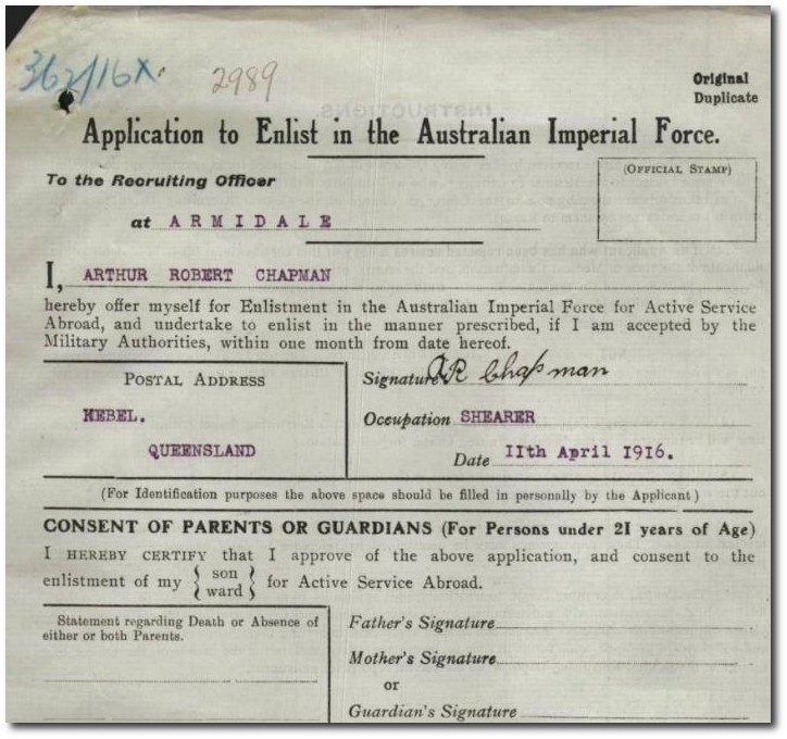 Service record, Arthur Chapman