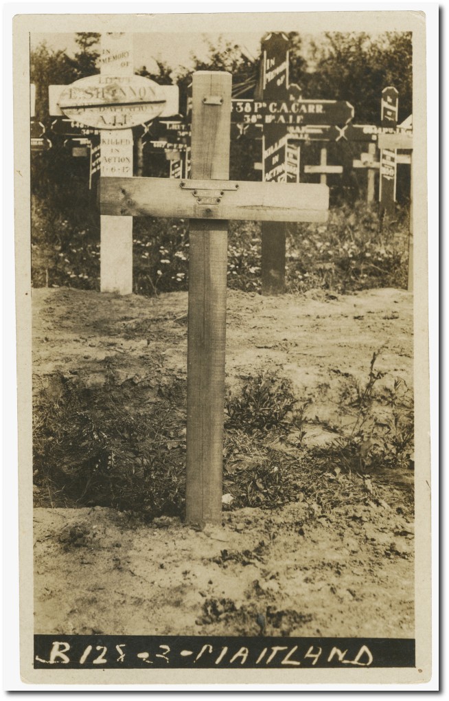 Original grave site and marker for Private Reginald Maitland, Strand Military Cemetery, Belgium.