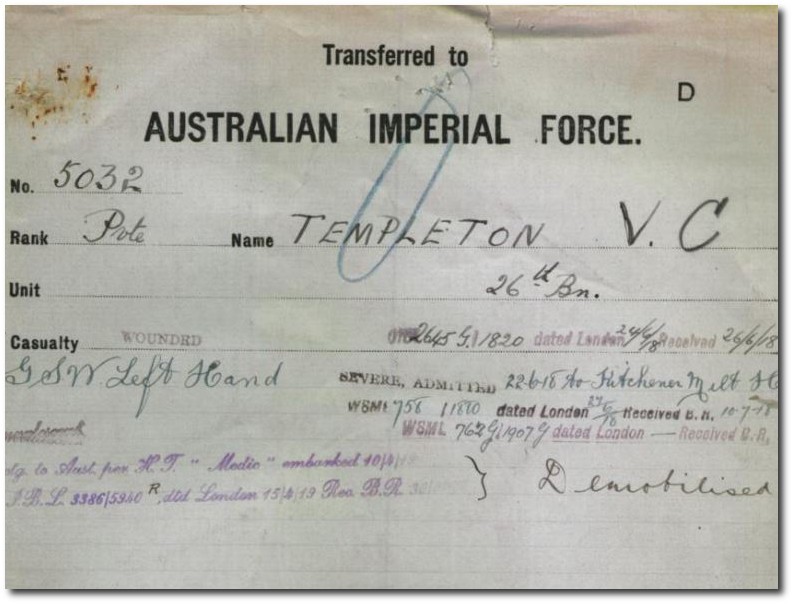 Extract from AIF service record for Virgil Templeton