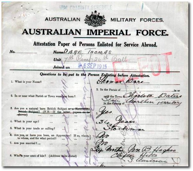 Service record Thomas Dare