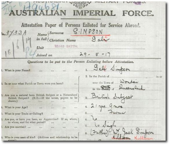 Extract from AIF service record for Gale Simpson