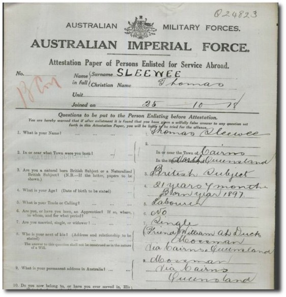 Extract from AIF service record for Thomas Sleewee