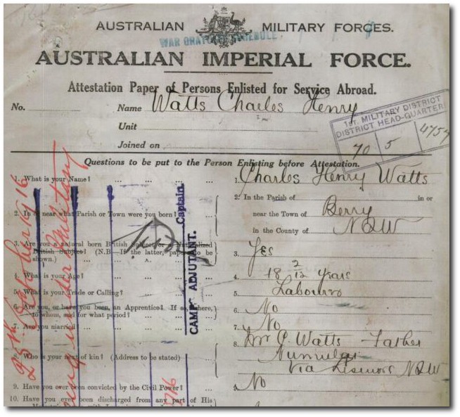 Extract from AIF service record for Charles Henry Watts