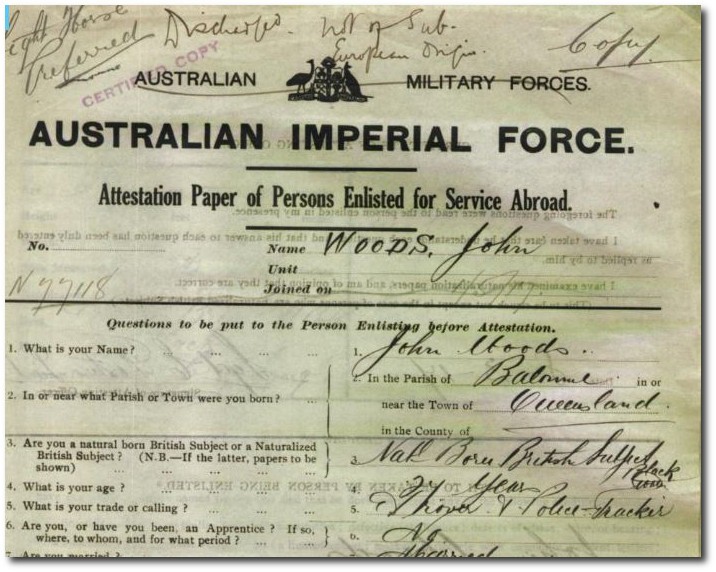 Service record, John Woods