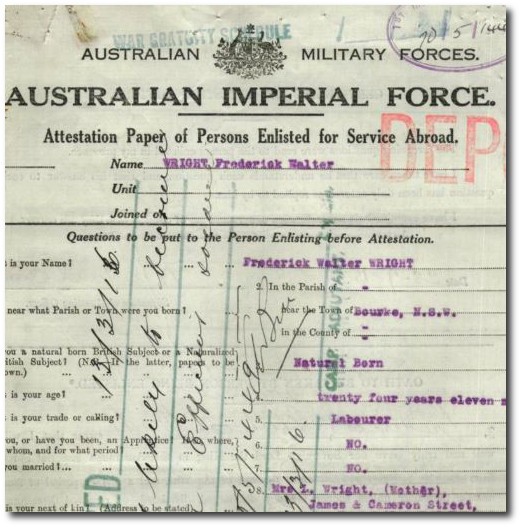 Service record, Frederick Wright